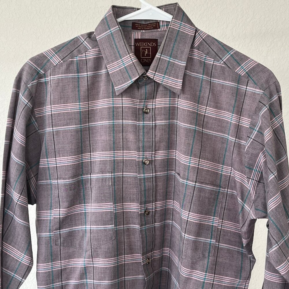 Weekends Only Plaid Pink Grey Long Sleeve Button Up Flat Hem Shirt Medium
